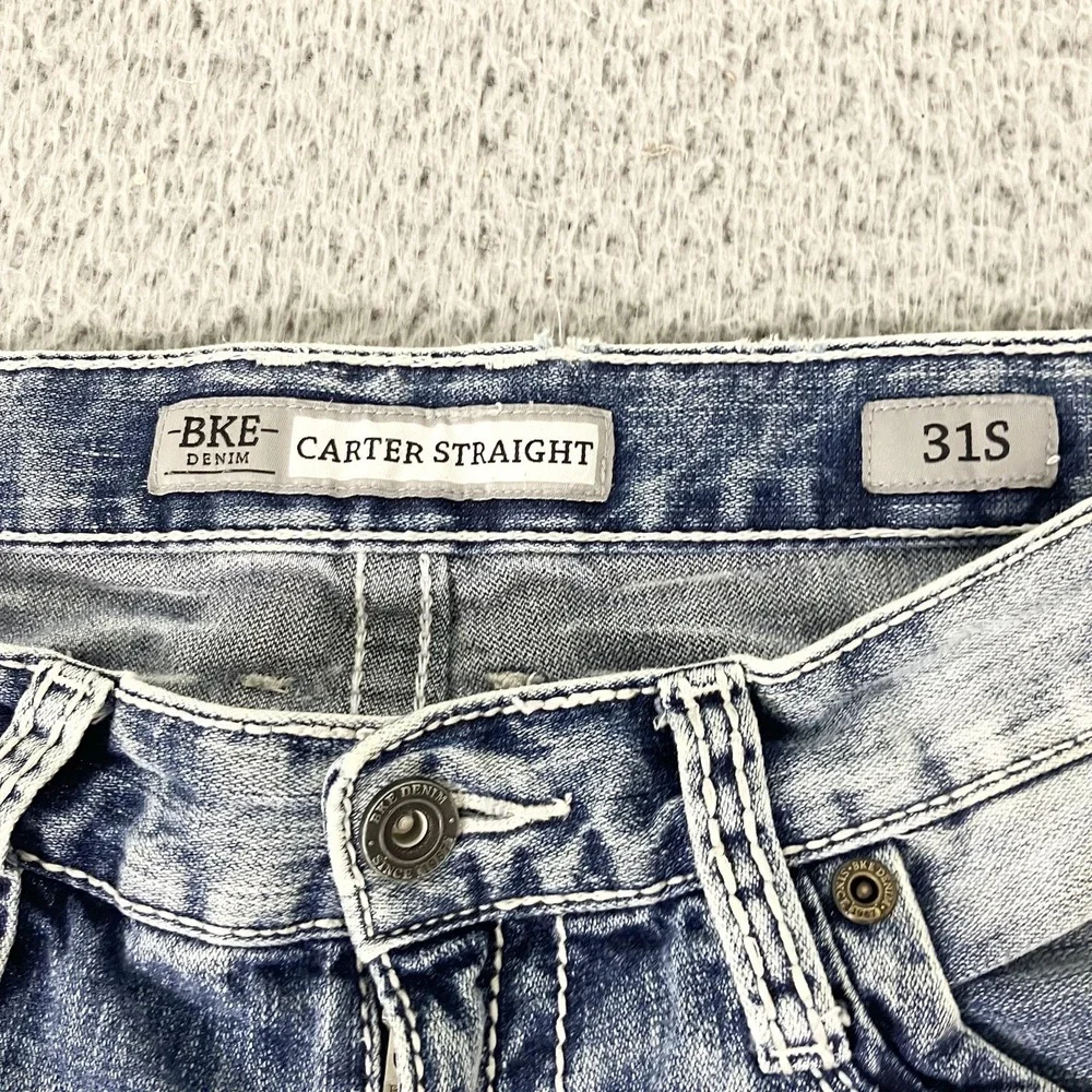 BKE Carter Straight Jeans Mens 31x30 Blue Acid Wash Denim Embroidered Distressed